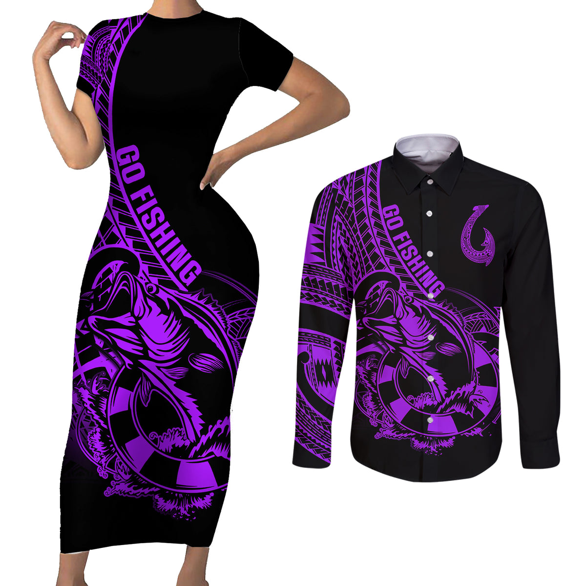 Polynesia Couples Matching Short Sleeve Bodycon Dress and Long Sleeve Button Shirts Fish Hook Tattoo Go Fishing Polynesian Pattern Purple LT14 Purple - Polynesian Pride