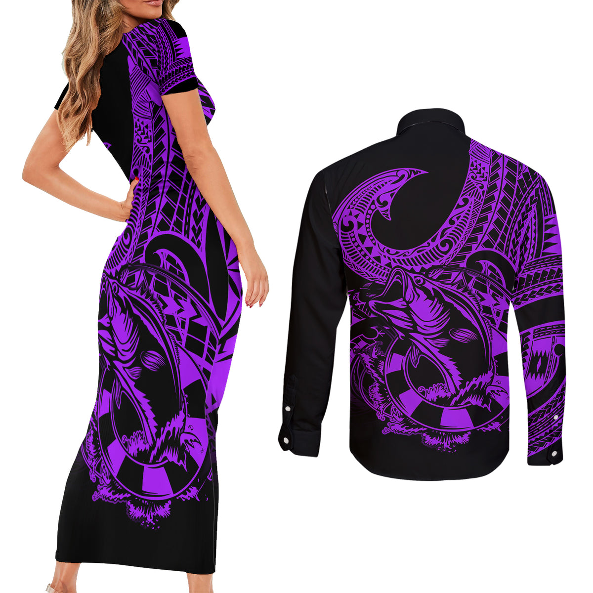 Polynesia Couples Matching Short Sleeve Bodycon Dress and Long Sleeve Button Shirts Fish Hook Tattoo Go Fishing Polynesian Pattern Purple LT14 - Polynesian Pride