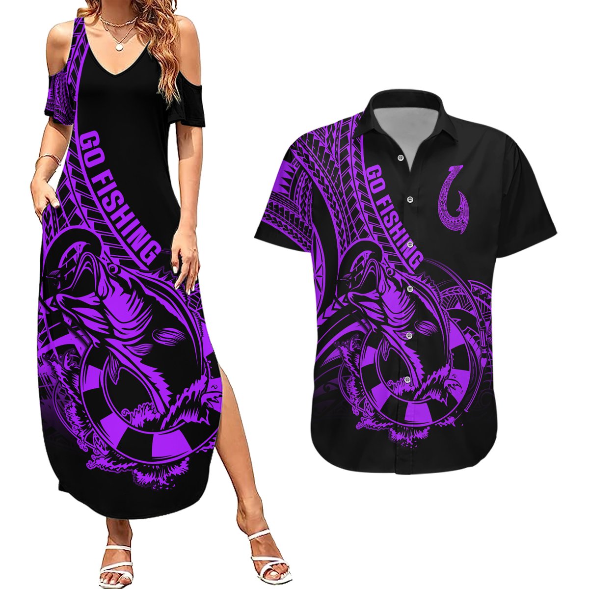 Polynesia Couples Matching Summer Maxi Dress and Hawaiian Shirt Fish Hook Tattoo Go Fishing Polynesian Pattern Purple LT14 Purple - Polynesian Pride