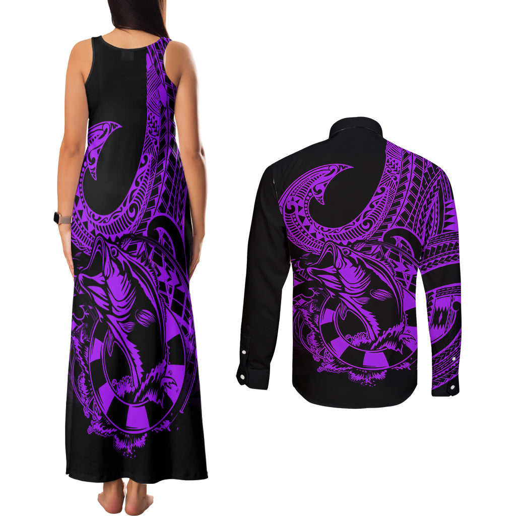 Polynesia Couples Matching Tank Maxi Dress and Long Sleeve Button Shirts Fish Hook Tattoo Go Fishing Polynesian Pattern Purple LT14 - Polynesian Pride
