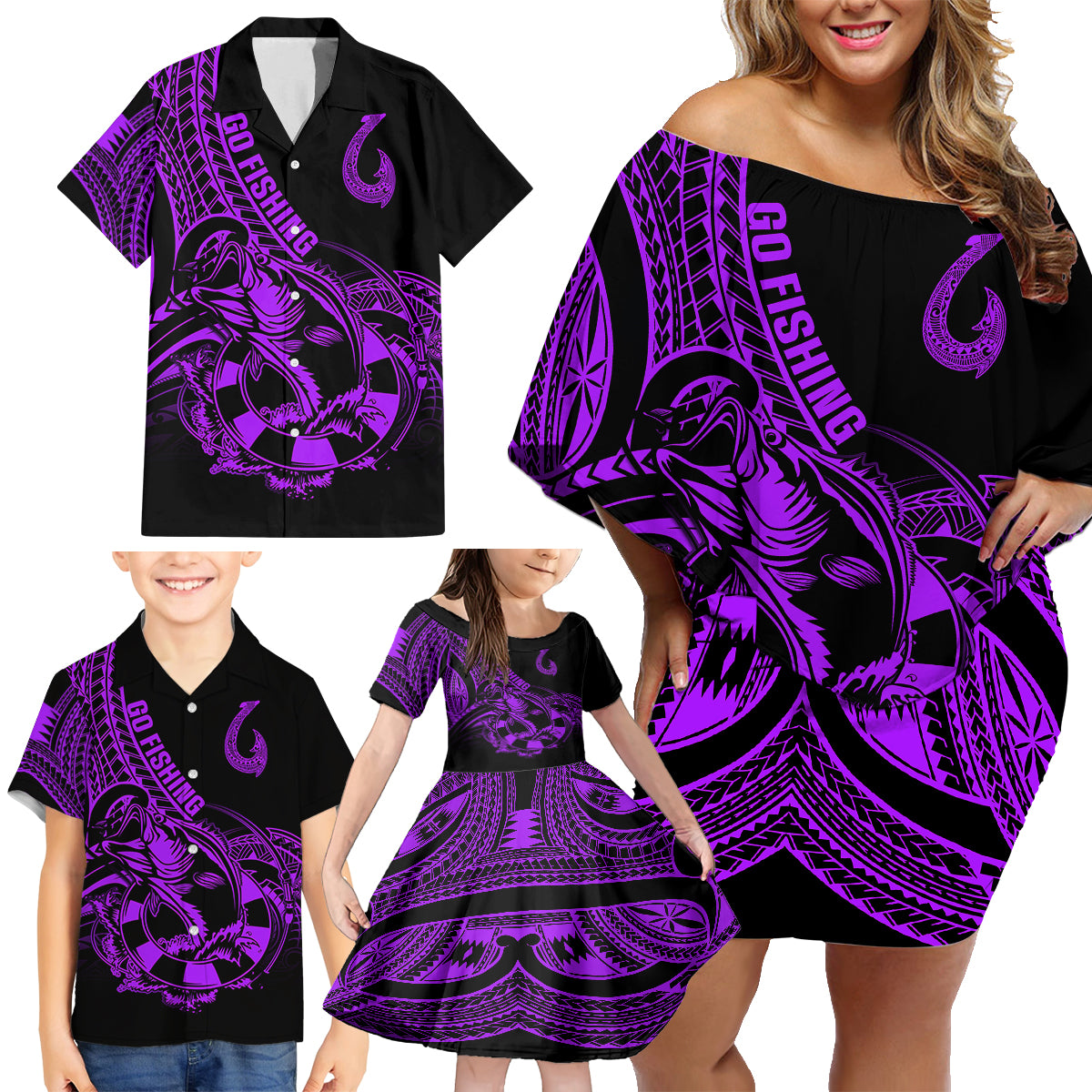 polynesia-family-matching-off-shoulder-short-dress-and-hawaiian-shirt-fish-hook-tattoo-go-fishing-polynesian-pattern-purple