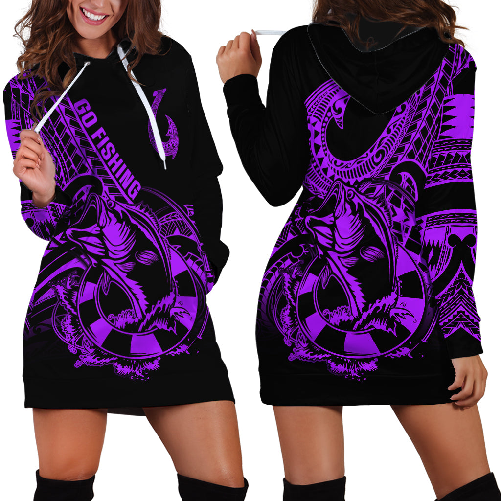Polynesia Hoodie Dress Fish Hook Tattoo Go Fishing Polynesian Pattern Purple LT14 - Polynesian Pride