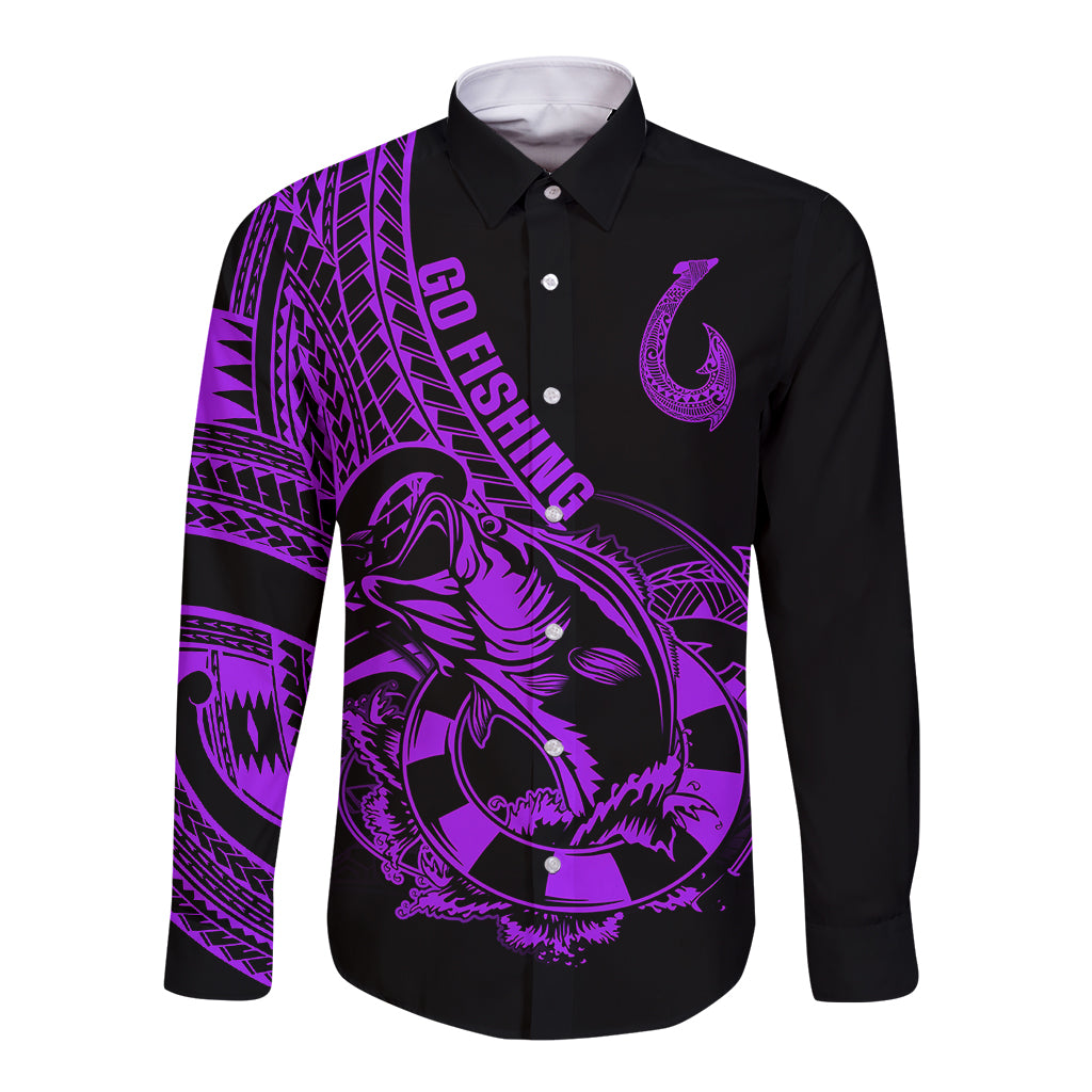 polynesia-long-sleeve-button-shirt-fish-hook-tattoo-go-fishing-polynesian-pattern-purple