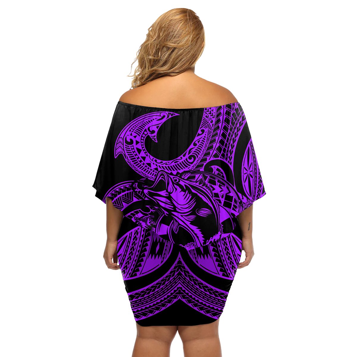 Polynesia Off Shoulder Short Dress Fish Hook Tattoo Go Fishing Polynesian Pattern Purple LT14 - Polynesian Pride