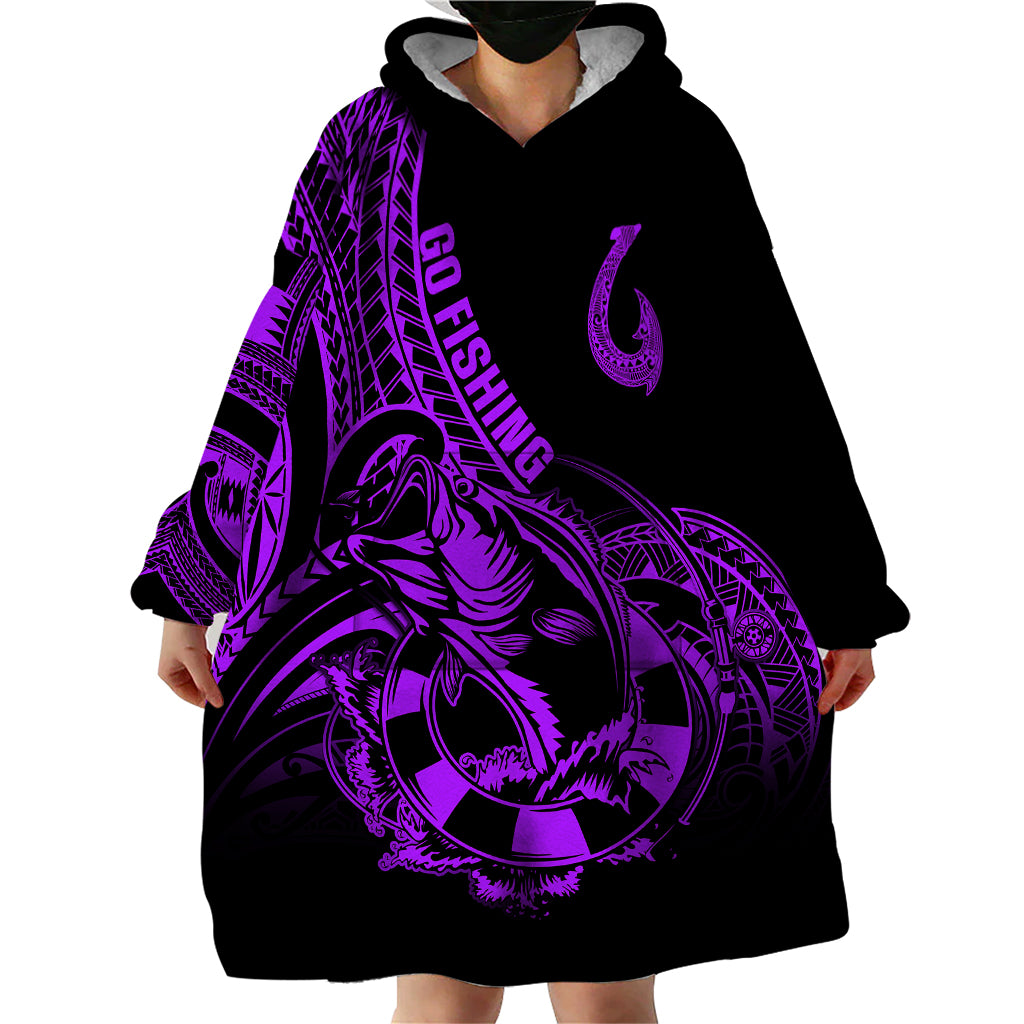 Polynesia Wearable Blanket Hoodie Fish Hook Tattoo Go Fishing Polynesian Pattern Purple LT14 - Polynesian Pride
