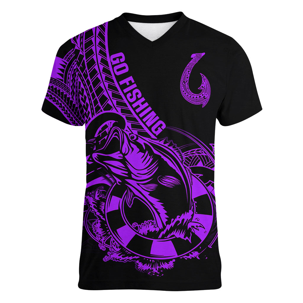 polynesia-women-v-neck-t-shirt-fish-hook-tattoo-go-fishing-polynesian-pattern-purple