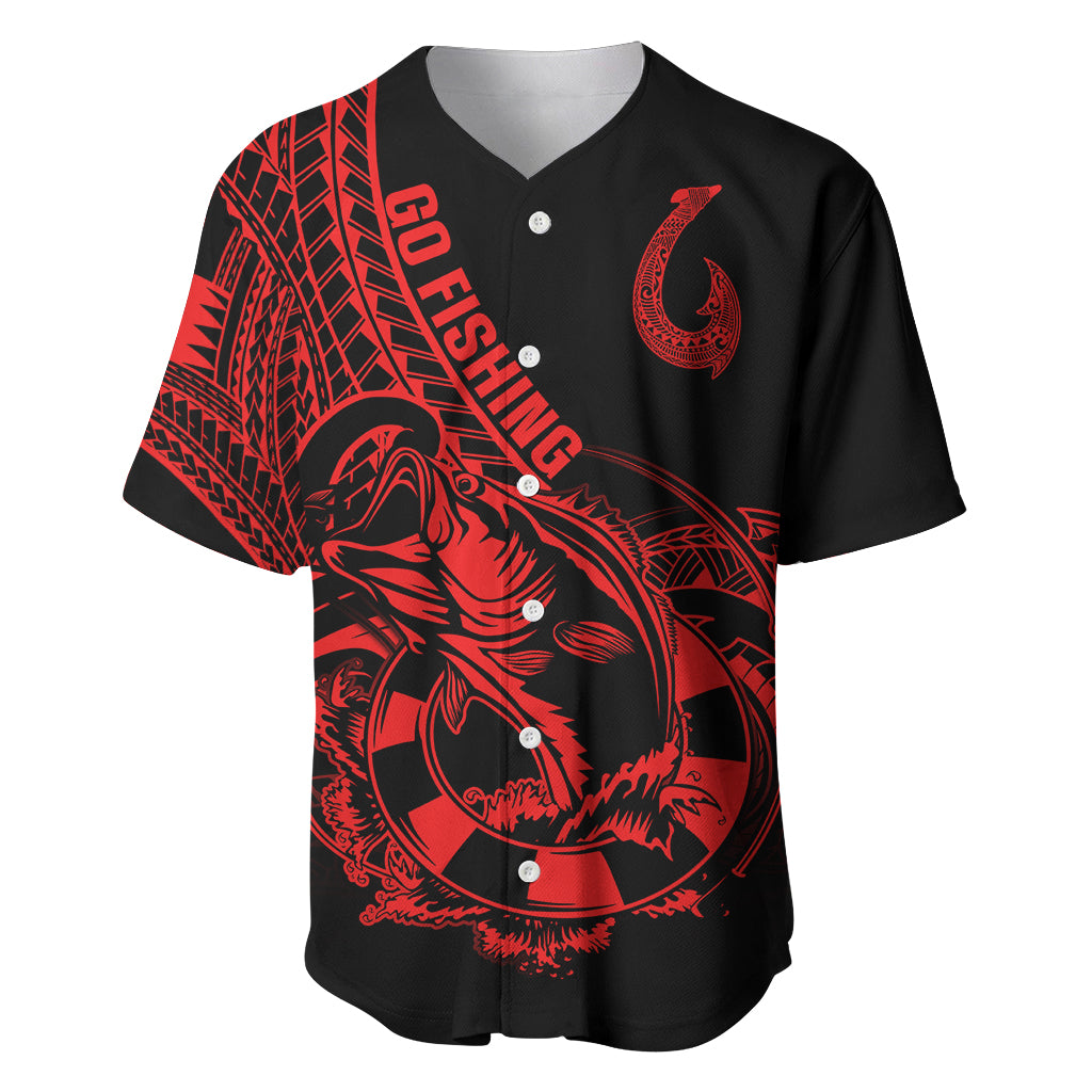 Polynesia Baseball Jersey Fish Hook Tattoo Go Fishing Polynesian Pattern Red LT14 Red - Polynesian Pride