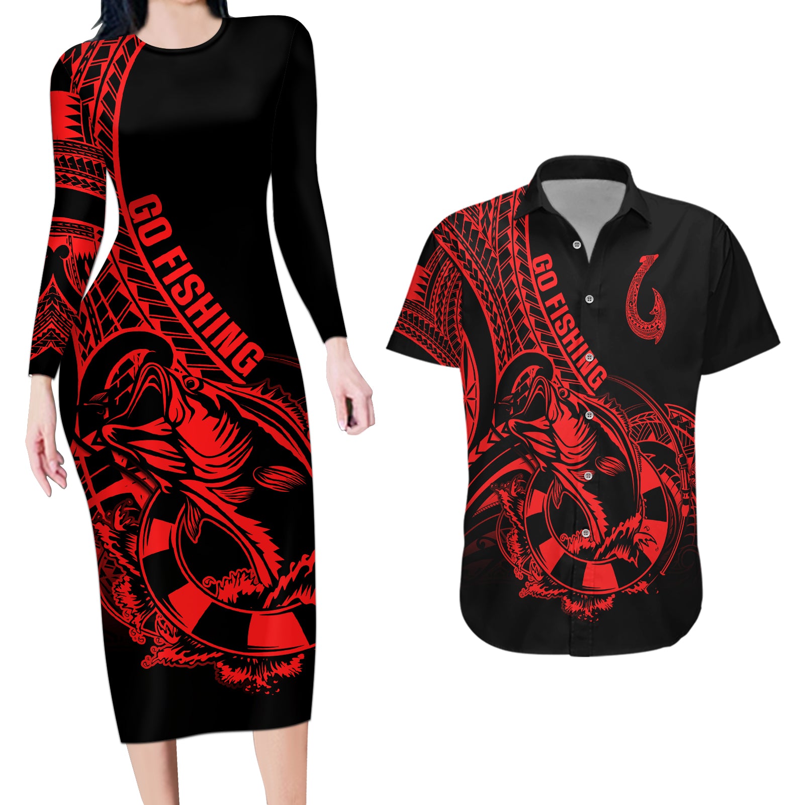 Polynesia Couples Matching Long Sleeve Bodycon Dress and Hawaiian Shirt Fish Hook Tattoo Go Fishing Polynesian Pattern Red LT14 Red - Polynesian Pride