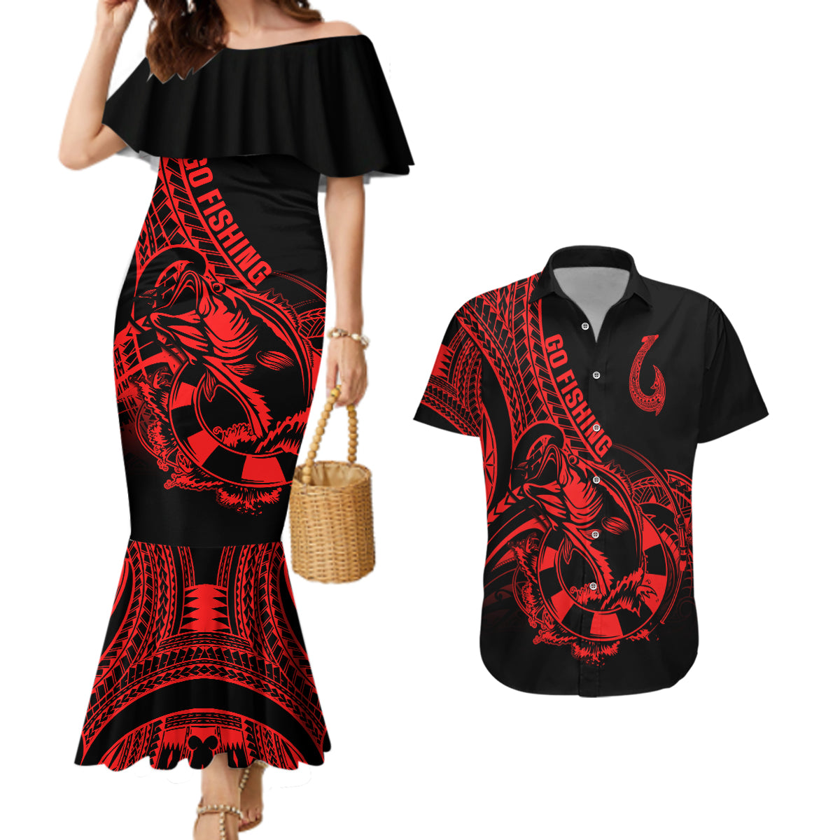 polynesia-couples-matching-mermaid-dress-and-hawaiian-shirt-fish-hook-tattoo-go-fishing-polynesian-pattern-red