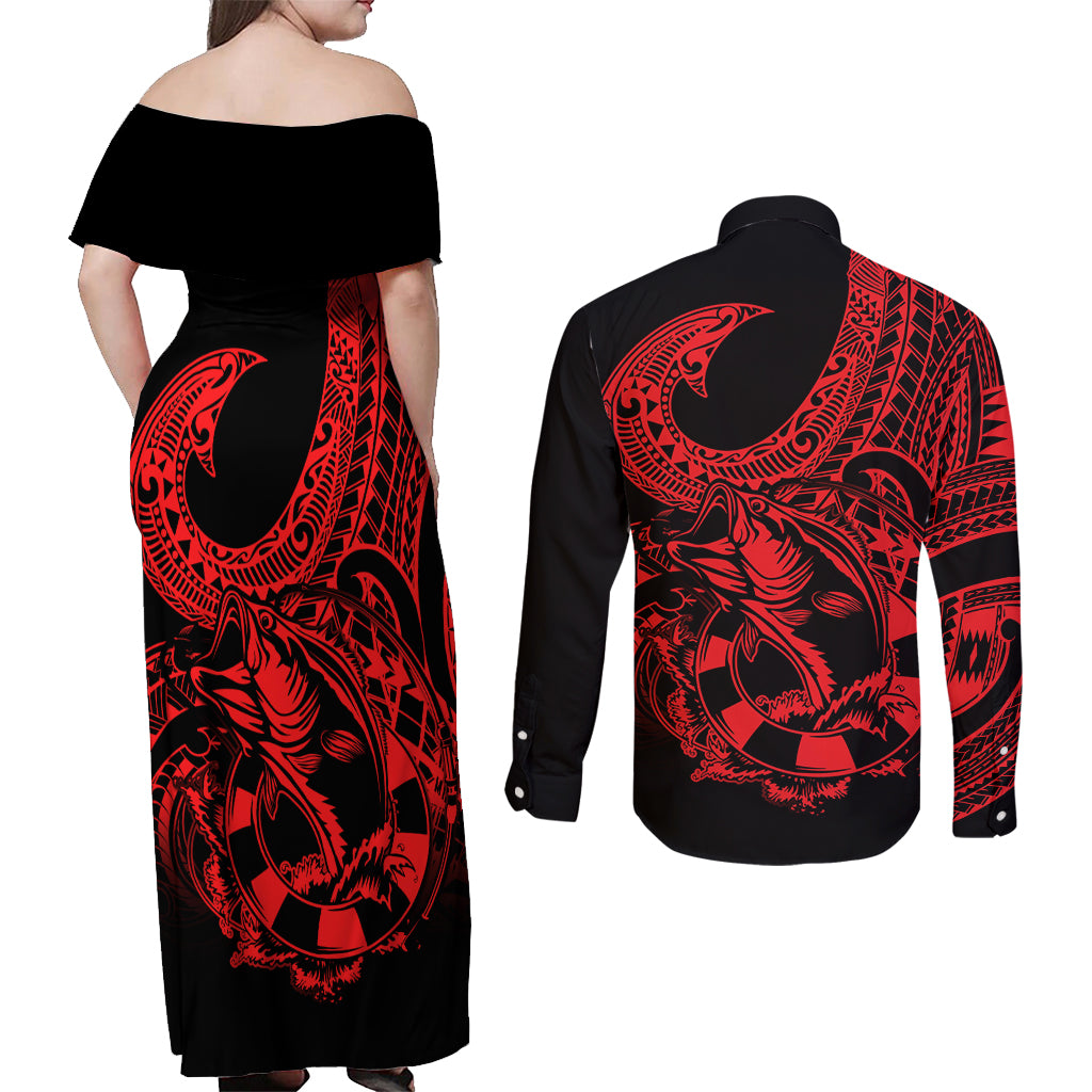 Polynesia Couples Matching Off Shoulder Maxi Dress and Long Sleeve Button Shirts Fish Hook Tattoo Go Fishing Polynesian Pattern Red LT14 - Polynesian Pride