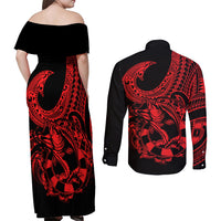 Polynesia Couples Matching Off Shoulder Maxi Dress and Long Sleeve Button Shirts Fish Hook Tattoo Go Fishing Polynesian Pattern Red LT14 - Polynesian Pride