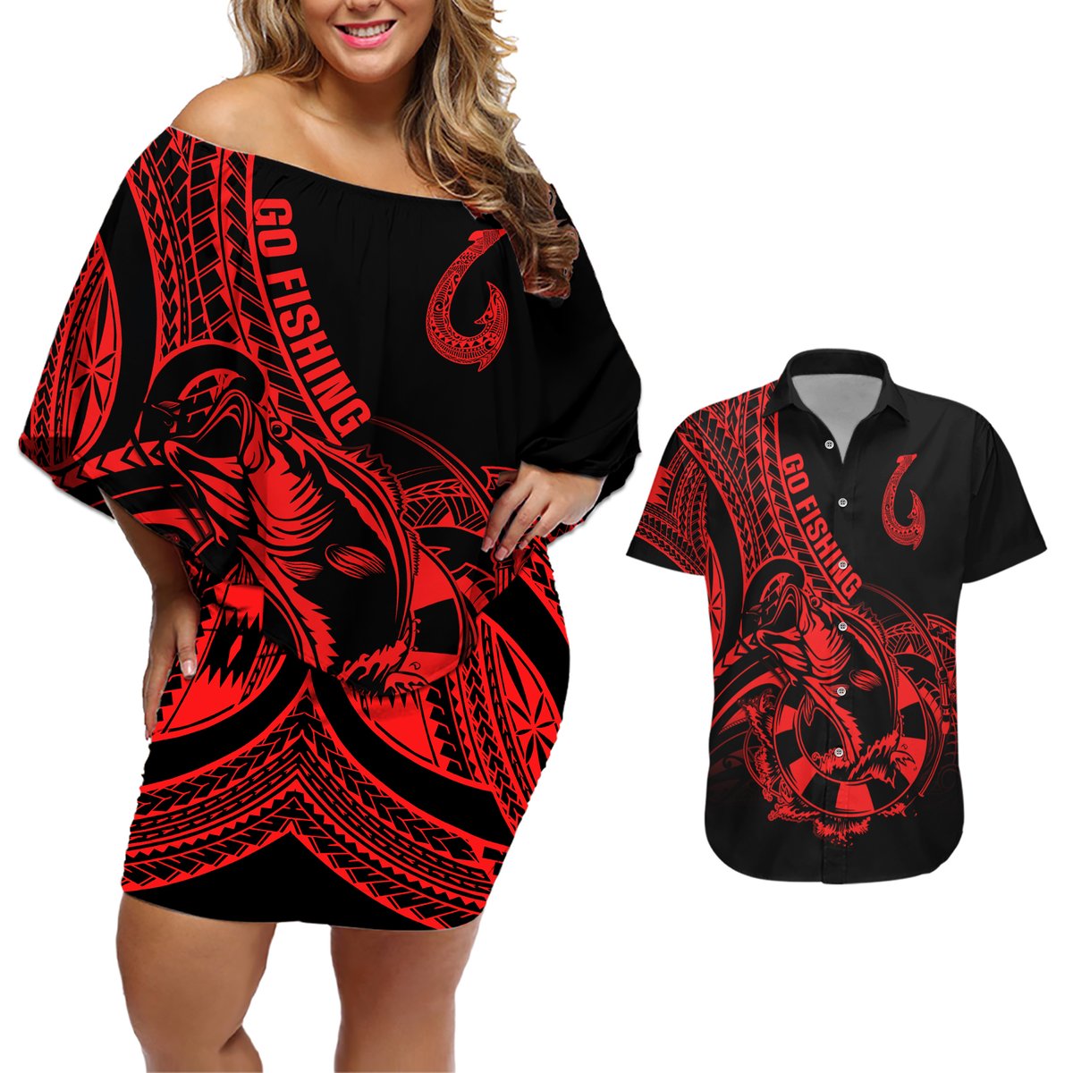 Polynesia Couples Matching Off Shoulder Short Dress and Hawaiian Shirt Fish Hook Tattoo Go Fishing Polynesian Pattern Red LT14 Red - Polynesian Pride