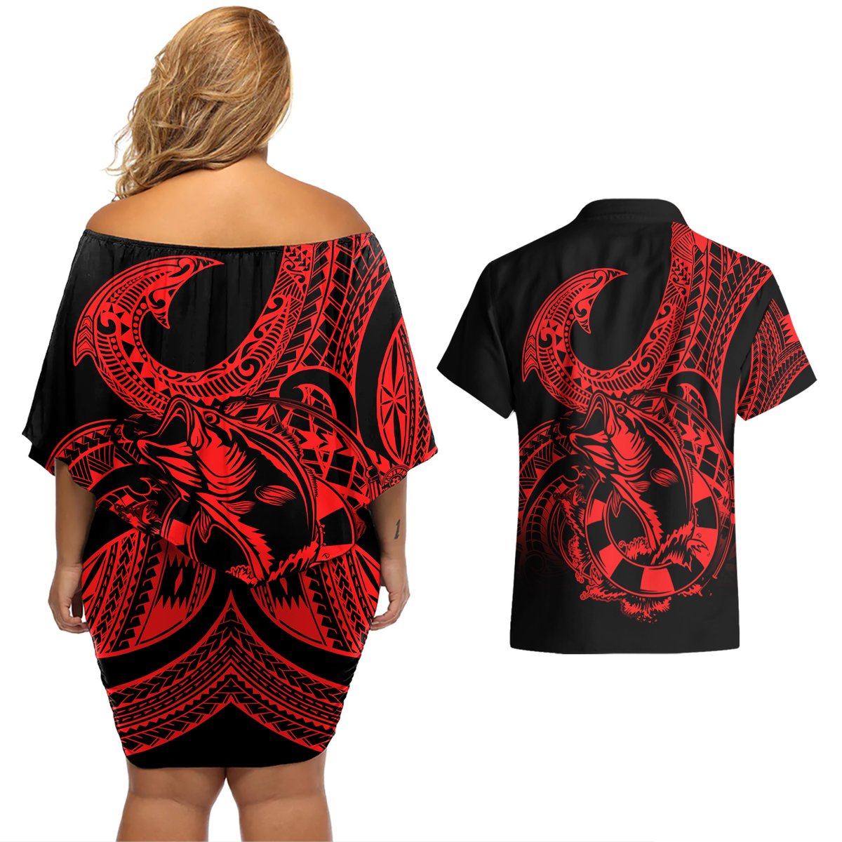 Polynesia Couples Matching Off Shoulder Short Dress and Hawaiian Shirt Fish Hook Tattoo Go Fishing Polynesian Pattern Red LT14 - Polynesian Pride
