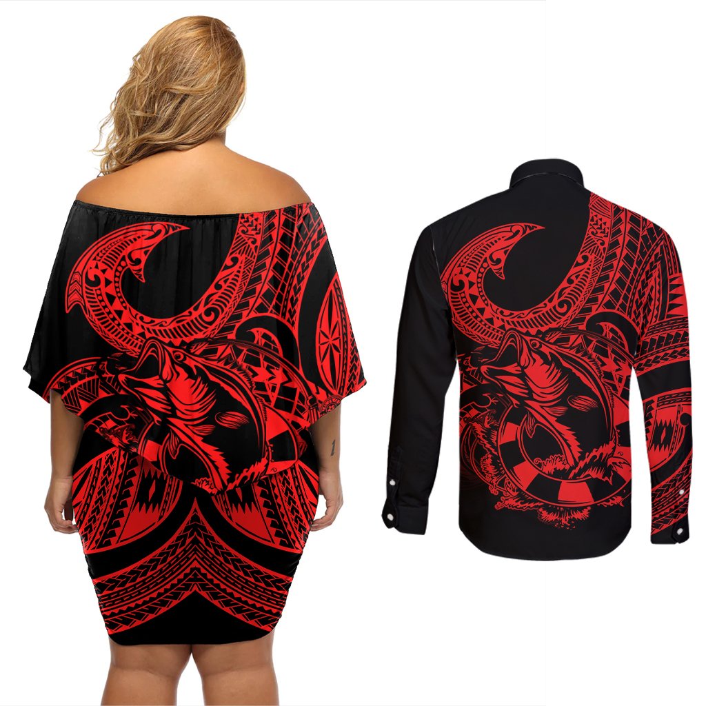 Polynesia Couples Matching Off Shoulder Short Dress and Long Sleeve Button Shirts Fish Hook Tattoo Go Fishing Polynesian Pattern Red LT14 - Polynesian Pride