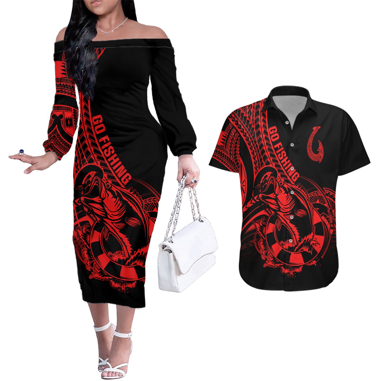 Polynesia Couples Matching Off The Shoulder Long Sleeve Dress and Hawaiian Shirt Fish Hook Tattoo Go Fishing Polynesian Pattern Red LT14 Red - Polynesian Pride