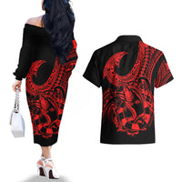 Polynesia Couples Matching Off The Shoulder Long Sleeve Dress and Hawaiian Shirt Fish Hook Tattoo Go Fishing Polynesian Pattern Red LT14 - Polynesian Pride