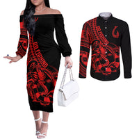 Polynesia Couples Matching Off The Shoulder Long Sleeve Dress and Long Sleeve Button Shirts Fish Hook Tattoo Go Fishing Polynesian Pattern Red LT14 Red - Polynesian Pride