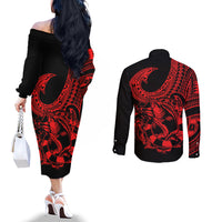 Polynesia Couples Matching Off The Shoulder Long Sleeve Dress and Long Sleeve Button Shirts Fish Hook Tattoo Go Fishing Polynesian Pattern Red LT14 - Polynesian Pride