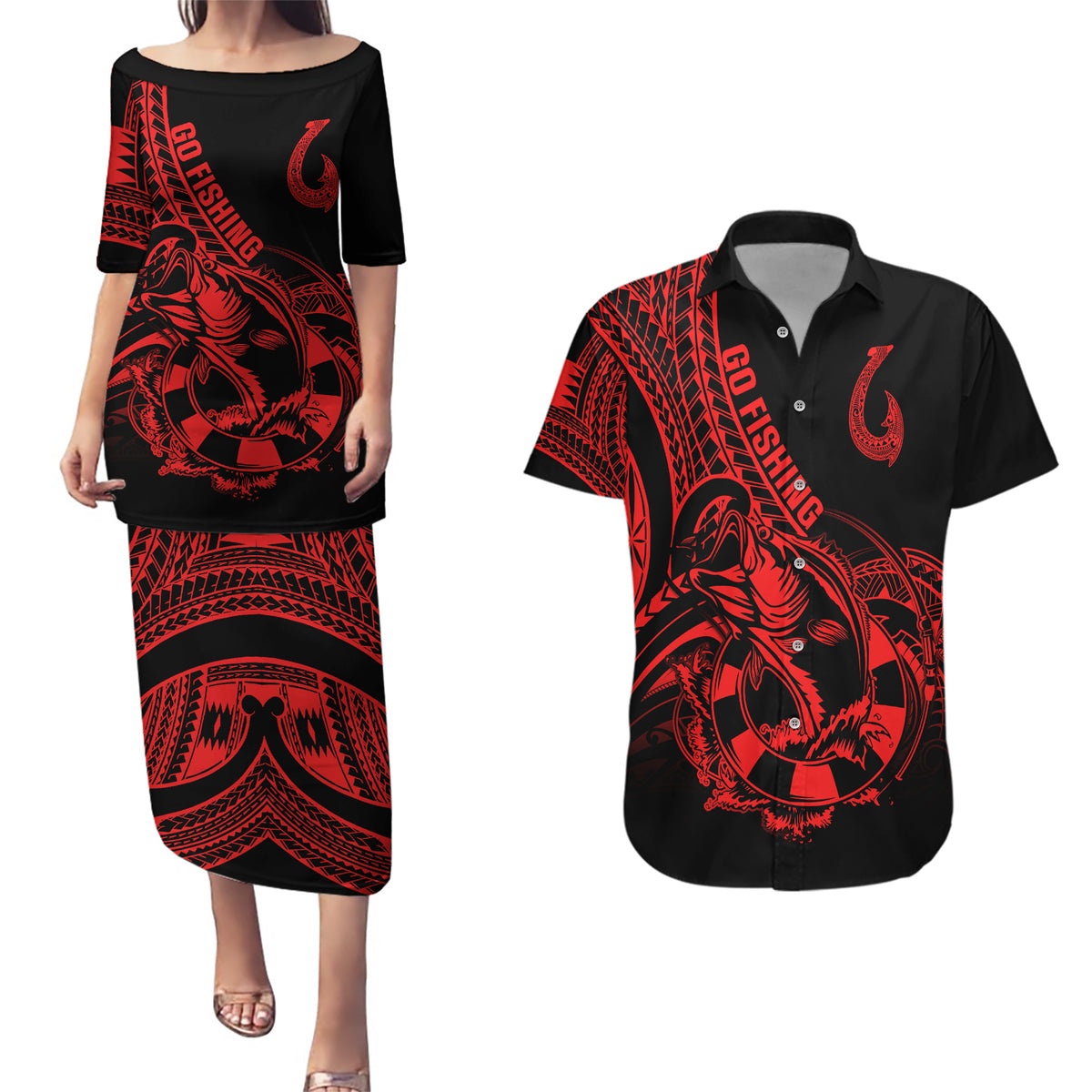polynesia-couples-matching-puletasi-dress-and-hawaiian-shirt-fish-hook-tattoo-go-fishing-polynesian-pattern-red