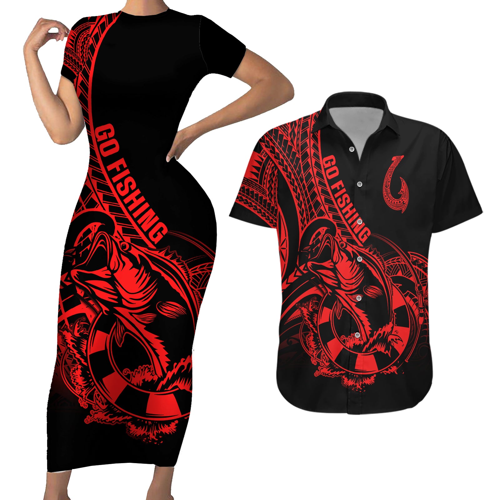 Polynesia Couples Matching Short Sleeve Bodycon Dress and Hawaiian Shirt Fish Hook Tattoo Go Fishing Polynesian Pattern Red LT14 Red - Polynesian Pride