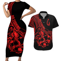 Polynesia Couples Matching Short Sleeve Bodycon Dress and Hawaiian Shirt Fish Hook Tattoo Go Fishing Polynesian Pattern Red LT14 Red - Polynesian Pride
