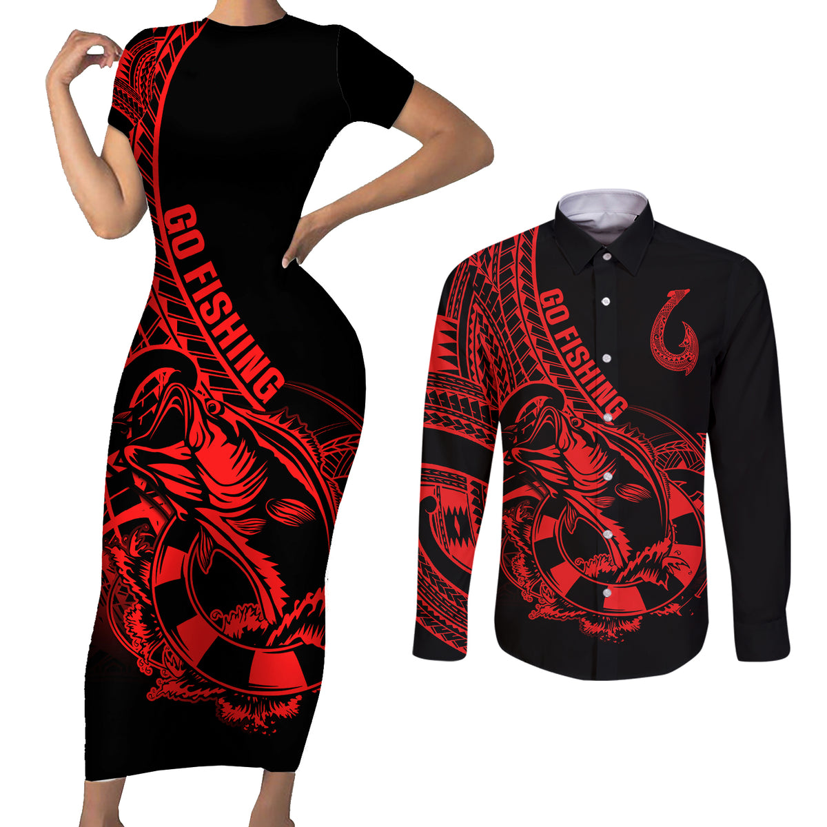 Polynesia Couples Matching Short Sleeve Bodycon Dress and Long Sleeve Button Shirts Fish Hook Tattoo Go Fishing Polynesian Pattern Red LT14 Red - Polynesian Pride