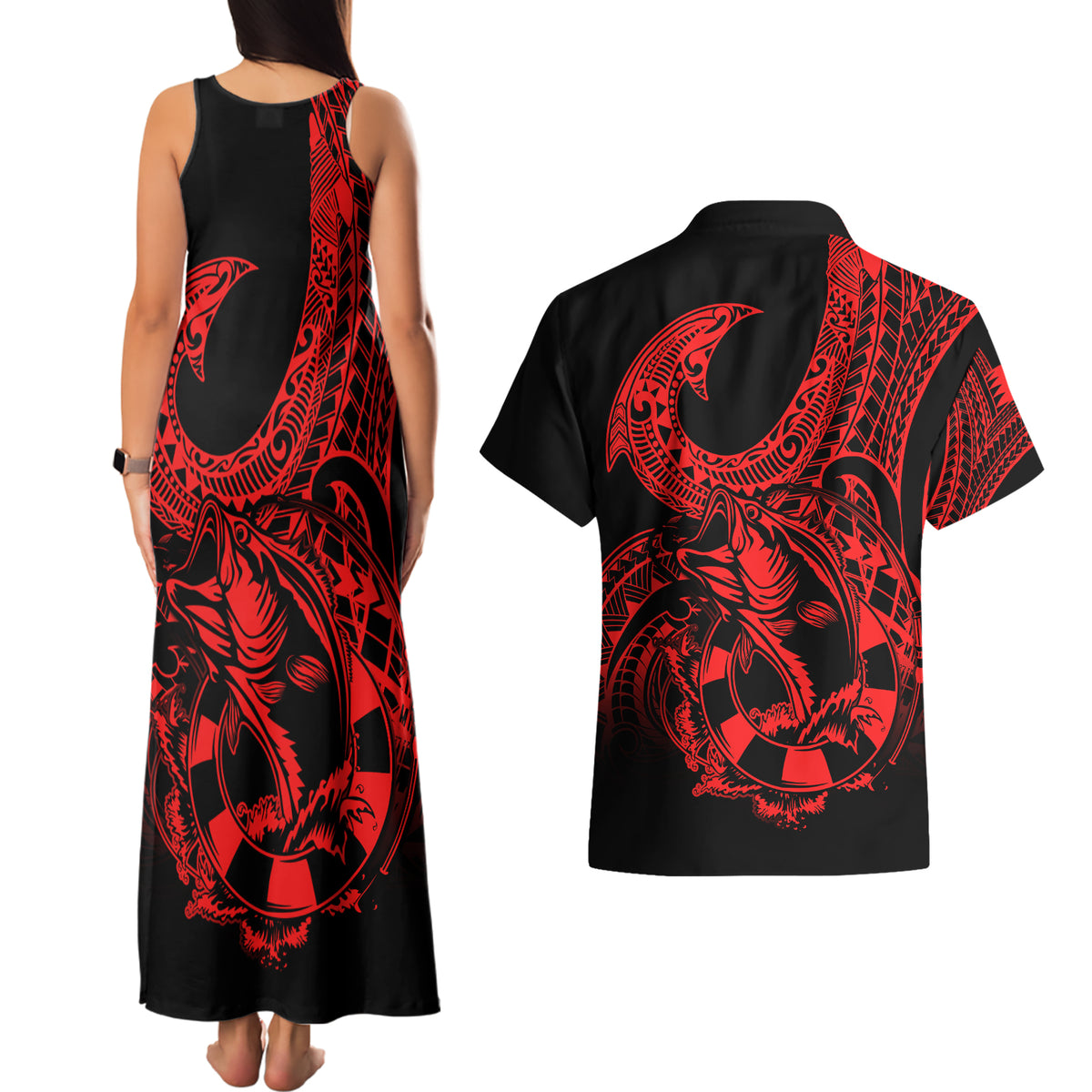 Polynesia Couples Matching Tank Maxi Dress and Hawaiian Shirt Fish Hook Tattoo Go Fishing Polynesian Pattern Red LT14 - Polynesian Pride