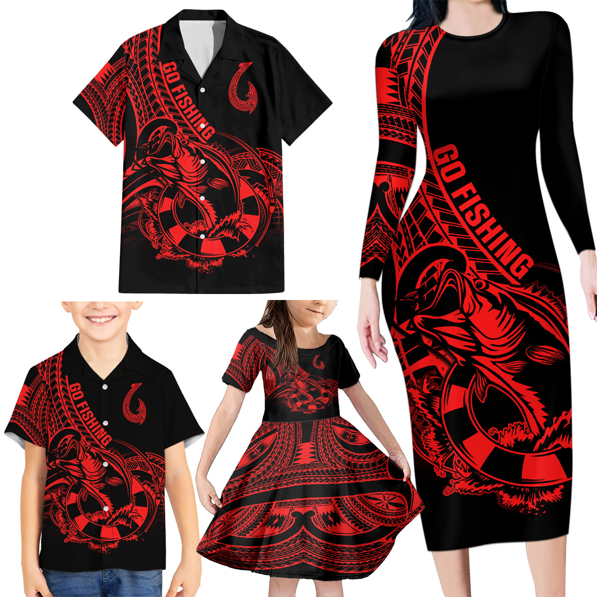 polynesia-family-matching-long-sleeve-bodycon-dress-and-hawaiian-shirt-fish-hook-tattoo-go-fishing-polynesian-pattern-red