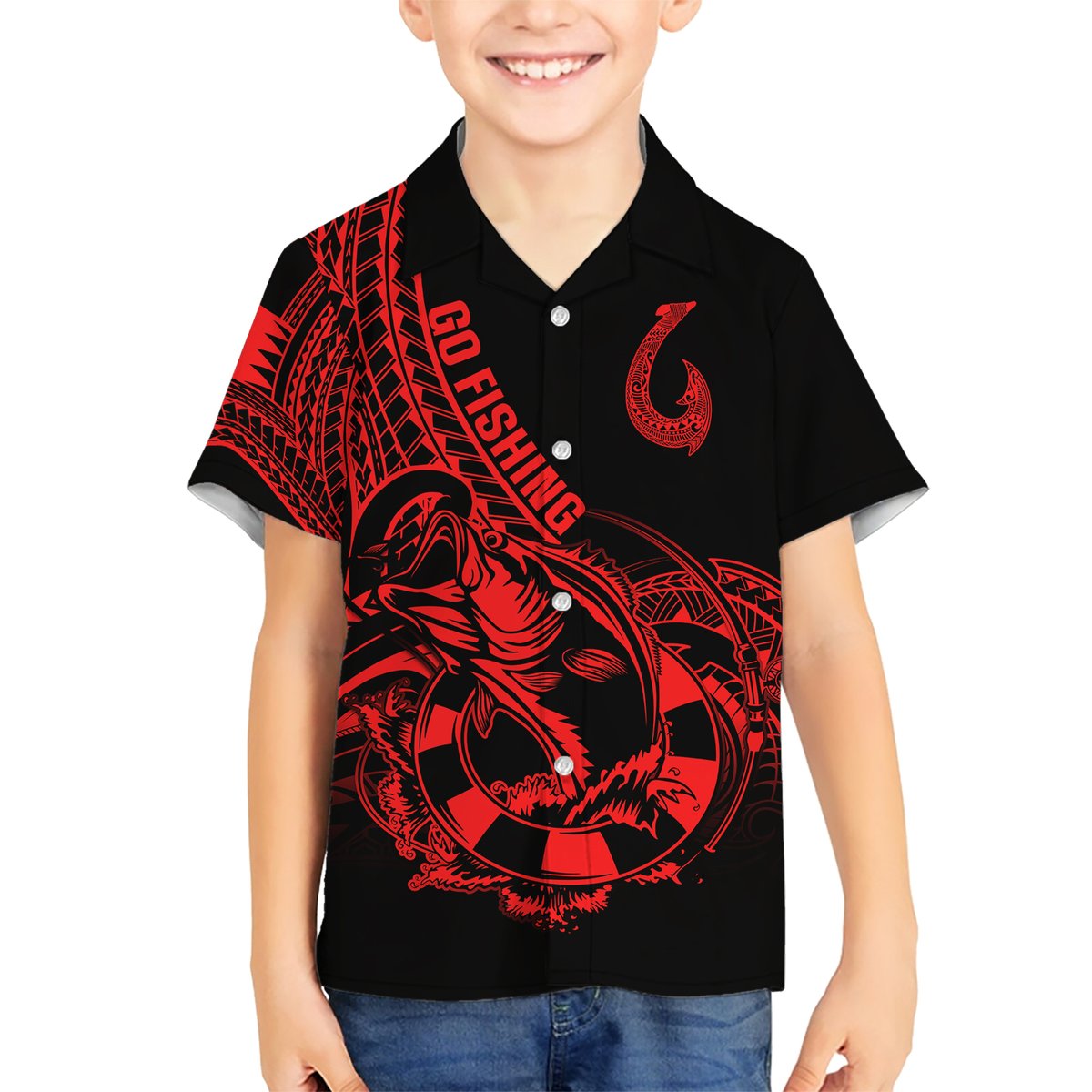 Polynesia Hawaiian Shirt Fish Hook Tattoo Go Fishing Polynesian Pattern Red LT14 - Polynesian Pride