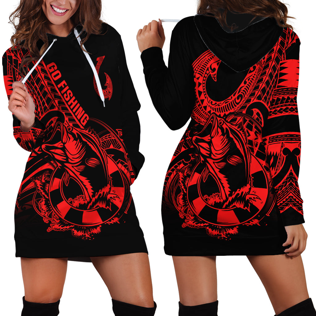 Polynesia Hoodie Dress Fish Hook Tattoo Go Fishing Polynesian Pattern Red LT14 - Polynesian Pride