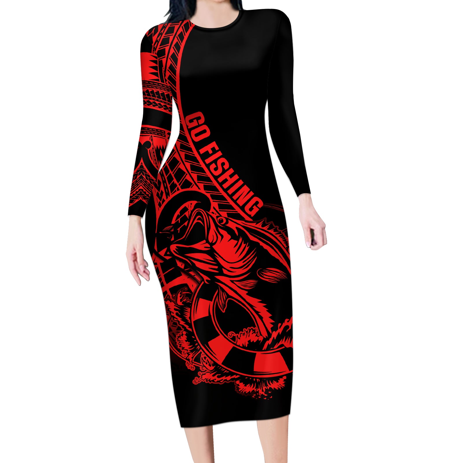 polynesia-long-sleeve-bodycon-dress-fish-hook-tattoo-go-fishing-polynesian-pattern-red