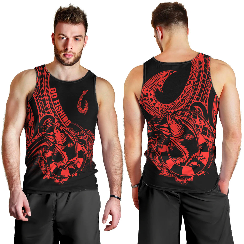 Polynesia Men Tank Top Fish Hook Tattoo Go Fishing Polynesian Pattern Red LT14 - Polynesian Pride