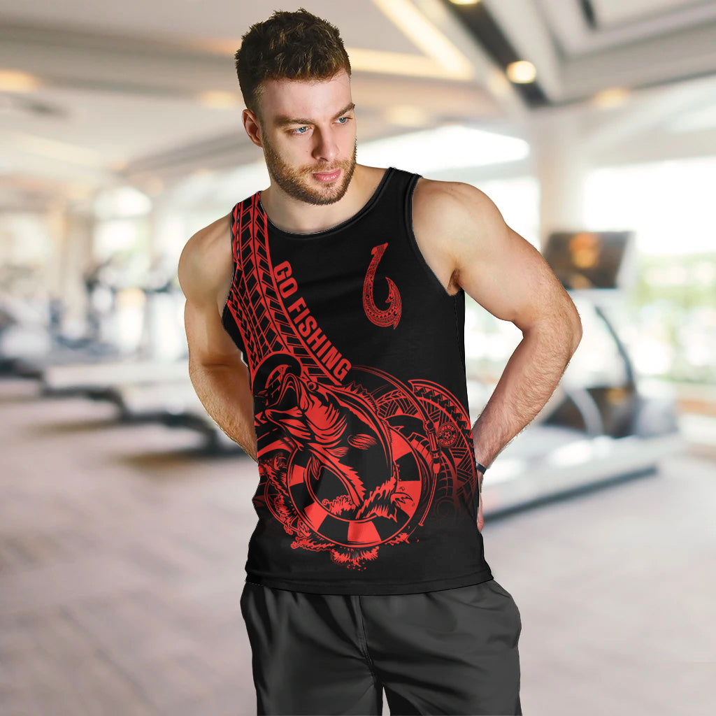 Polynesia Men Tank Top Fish Hook Tattoo Go Fishing Polynesian Pattern Red LT14 - Polynesian Pride