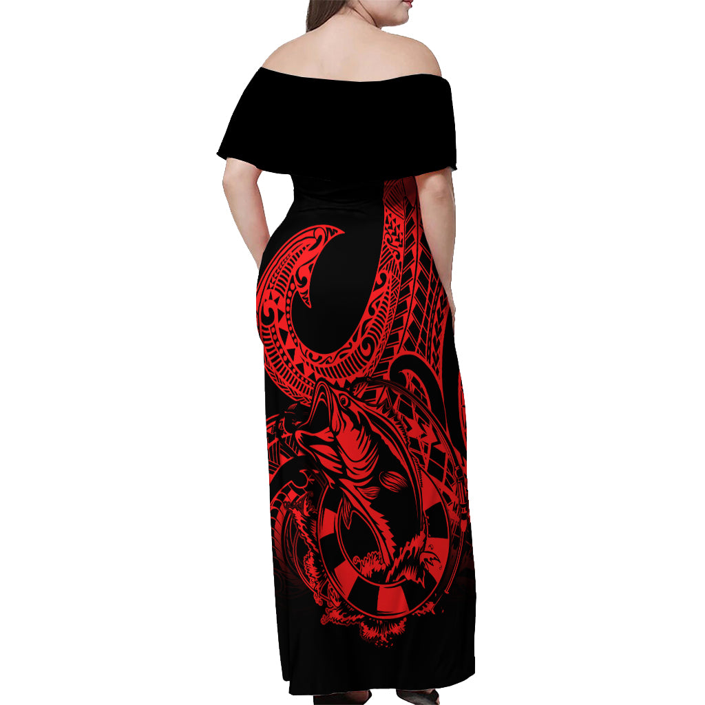 Polynesia Off Shoulder Maxi Dress Fish Hook Tattoo Go Fishing Polynesian Pattern Red LT14 - Polynesian Pride