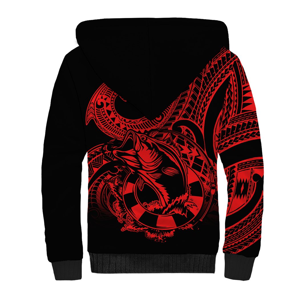 Polynesia Sherpa Hoodie Fish Hook Tattoo Go Fishing Polynesian Pattern Red LT14 - Polynesian Pride
