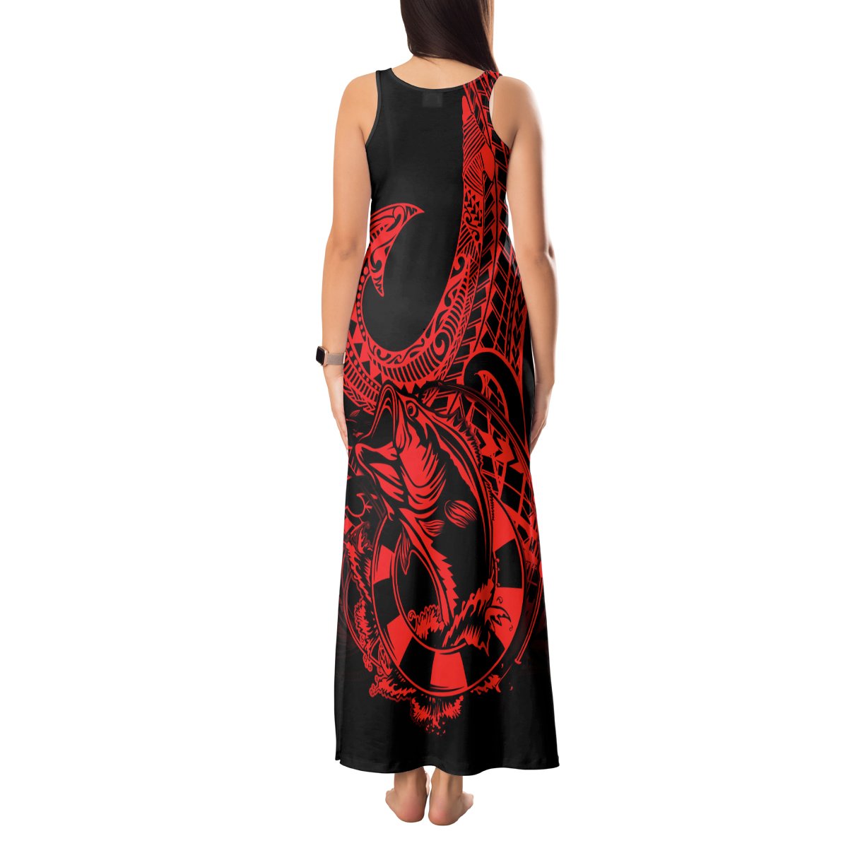 Polynesia Tank Maxi Dress Fish Hook Tattoo Go Fishing Polynesian Pattern Red LT14 - Polynesian Pride