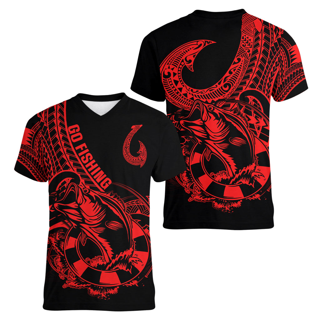 polynesia-women-v-neck-t-shirt-fish-hook-tattoo-go-fishing-polynesian-pattern-red