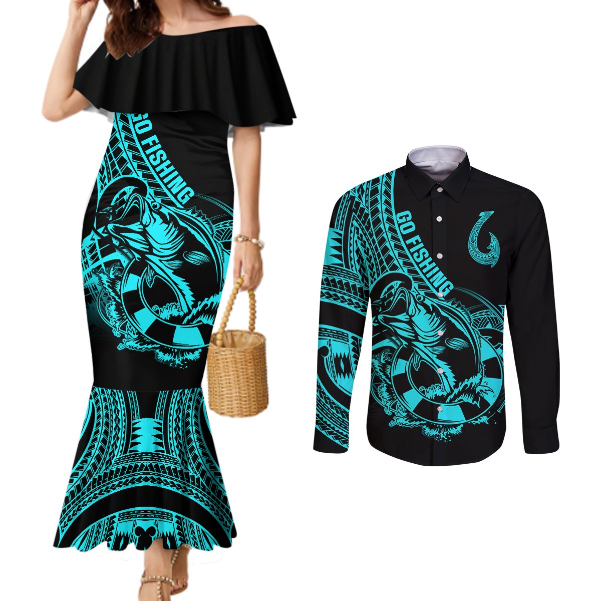 Polynesia Couples Matching Mermaid Dress and Long Sleeve Button Shirts Fish Hook Tattoo Go Fishing Polynesian Pattern Turquosie LT14 Turquoise - Polynesian Pride