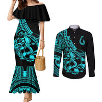 Polynesia Couples Matching Mermaid Dress and Long Sleeve Button Shirts Fish Hook Tattoo Go Fishing Polynesian Pattern Turquosie LT14 Turquoise - Polynesian Pride