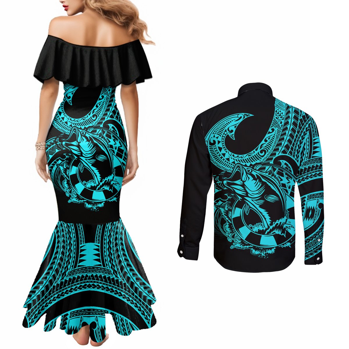 Polynesia Couples Matching Mermaid Dress and Long Sleeve Button Shirts Fish Hook Tattoo Go Fishing Polynesian Pattern Turquosie LT14 - Polynesian Pride