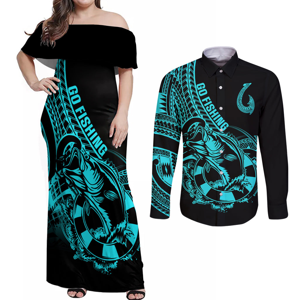Polynesia Couples Matching Off Shoulder Maxi Dress and Long Sleeve Button Shirts Fish Hook Tattoo Go Fishing Polynesian Pattern Turquosie LT14 Turquoise - Polynesian Pride