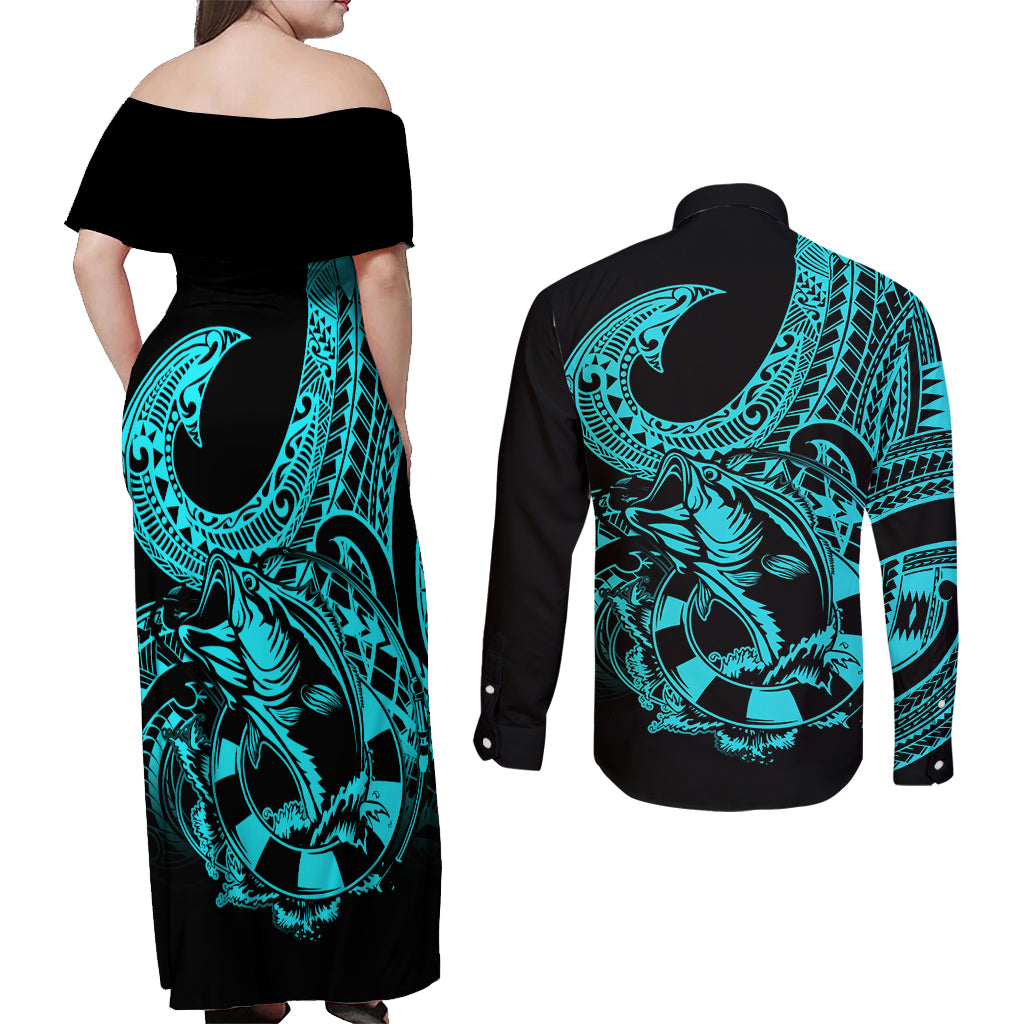 Polynesia Couples Matching Off Shoulder Maxi Dress and Long Sleeve Button Shirts Fish Hook Tattoo Go Fishing Polynesian Pattern Turquosie LT14 - Polynesian Pride
