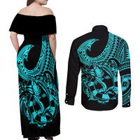 Polynesia Couples Matching Off Shoulder Maxi Dress and Long Sleeve Button Shirts Fish Hook Tattoo Go Fishing Polynesian Pattern Turquosie LT14 - Polynesian Pride