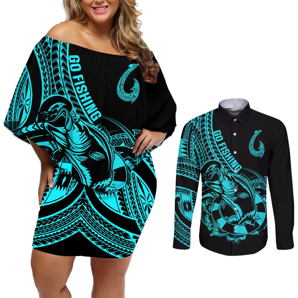 Polynesia Couples Matching Off Shoulder Short Dress and Long Sleeve Button Shirts Fish Hook Tattoo Go Fishing Polynesian Pattern Turquosie LT14 Turquoise - Polynesian Pride