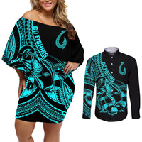 Polynesia Couples Matching Off Shoulder Short Dress and Long Sleeve Button Shirts Fish Hook Tattoo Go Fishing Polynesian Pattern Turquosie LT14 Turquoise - Polynesian Pride