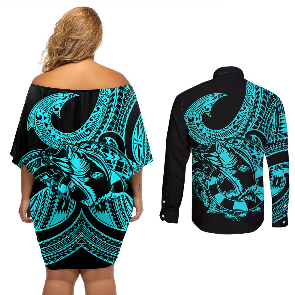 Polynesia Couples Matching Off Shoulder Short Dress and Long Sleeve Button Shirts Fish Hook Tattoo Go Fishing Polynesian Pattern Turquosie LT14 - Polynesian Pride