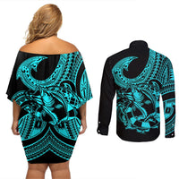 Polynesia Couples Matching Off Shoulder Short Dress and Long Sleeve Button Shirts Fish Hook Tattoo Go Fishing Polynesian Pattern Turquosie LT14 - Polynesian Pride