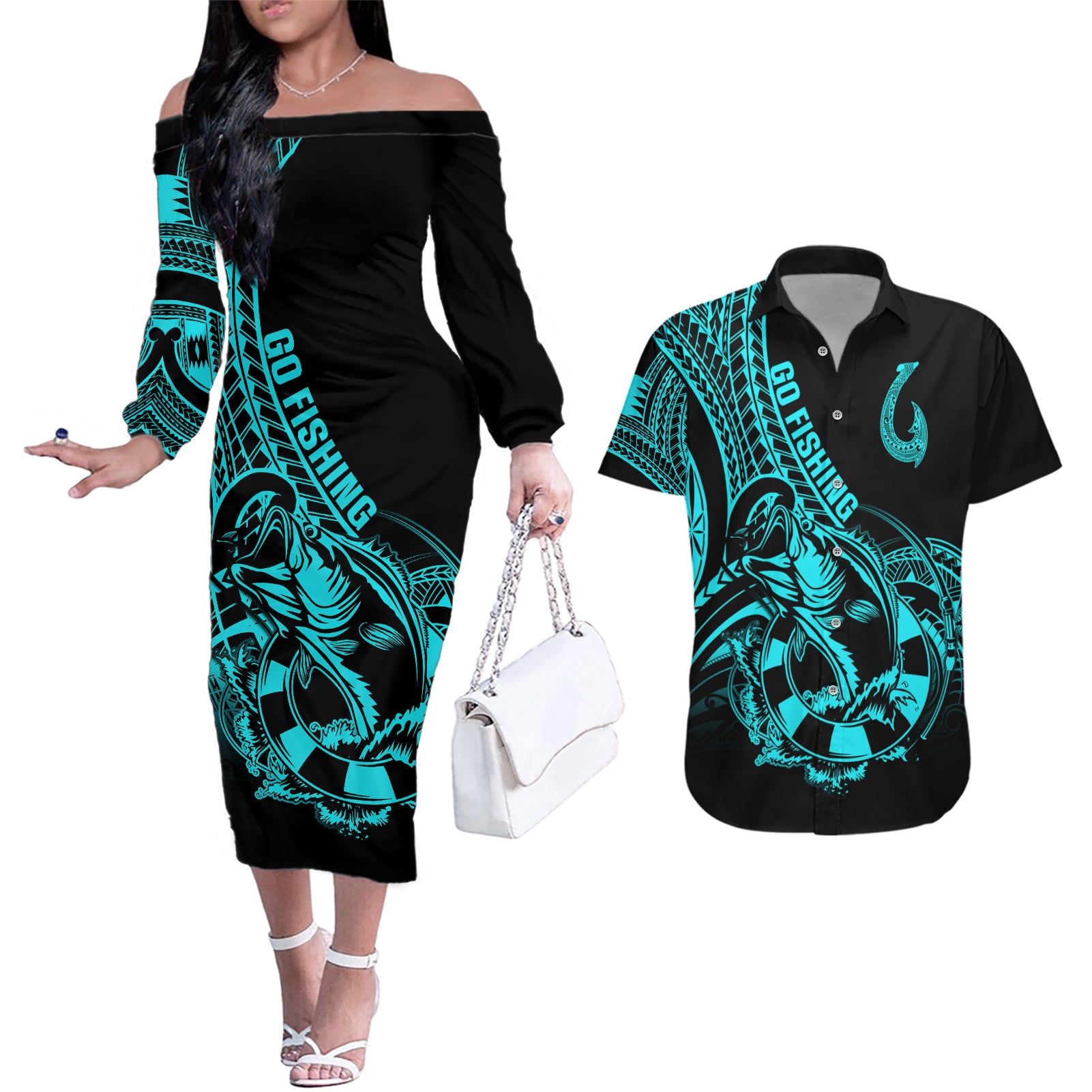 polynesia-couples-matching-off-the-shoulder-long-sleeve-dress-and-hawaiian-shirt-fish-hook-tattoo-go-fishing-polynesian-pattern-turquosie