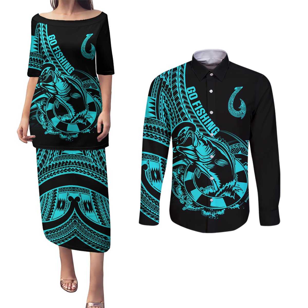 Polynesia Couples Matching Puletasi Dress and Long Sleeve Button Shirts Fish Hook Tattoo Go Fishing Polynesian Pattern Turquosie LT14 Turquoise - Polynesian Pride