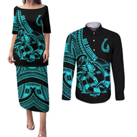 Polynesia Couples Matching Puletasi Dress and Long Sleeve Button Shirts Fish Hook Tattoo Go Fishing Polynesian Pattern Turquosie LT14 Turquoise - Polynesian Pride
